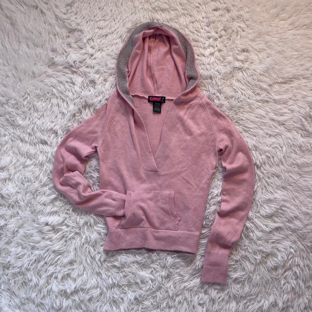 y2k light pink v neck silk hooded sweater top xs